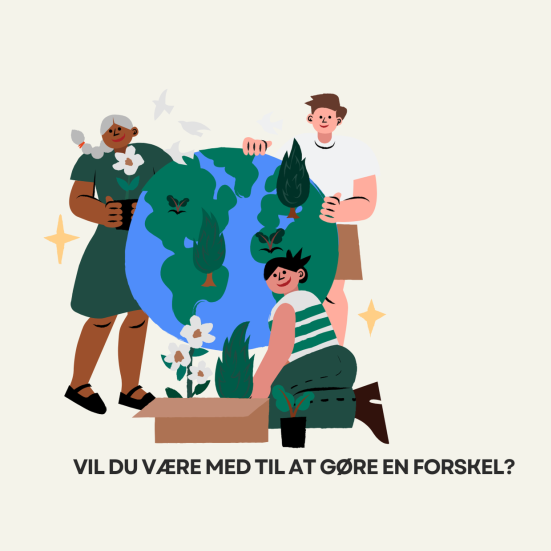 tegnet billede med tre mennesker der står med potteplanter omkring en miniature-udgave af vores planet