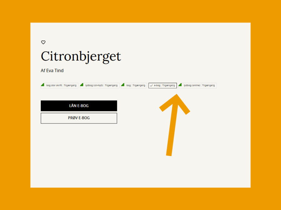 Vejledende billede der viser med pil hvor man kan skifte mellem forskellige materialetype på værkvisningsiden for en bog